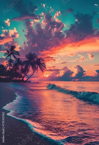 a beautiful sunset on a tropical beach with palm trees in the foreground and waves crashing in the foreground.