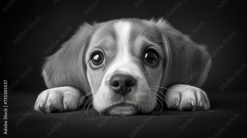 a black and white photo of a dog's face with a sad look on it's left eye. a black and white photo of a dog's face with a sad look on it's left eye.