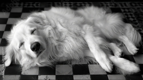 a white dog laying on top of a black and white checkerboard floor with it's eyes closed. photo