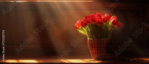 a bunch of red tulips in a vase on a table with sunlight streaming through the window behind them. photo