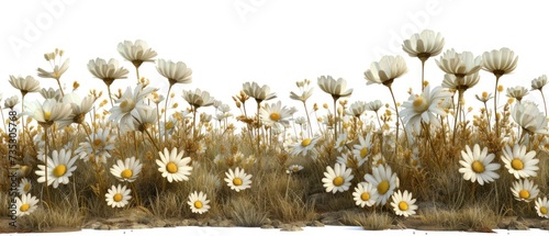 a group of white flowers in a field of brown and yellow grass with a white sky in the back ground. photo