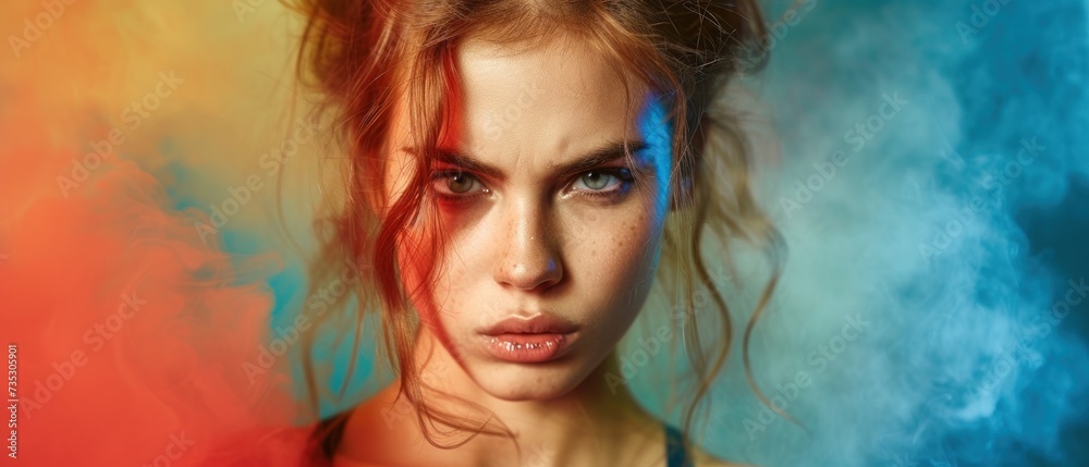 a woman with red hair and blue eyes looks at the camera with smoke coming out of her face and her hair blowing in the wind.