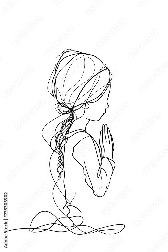 Little girl praying. Continuous line drawing. Vector illustration.