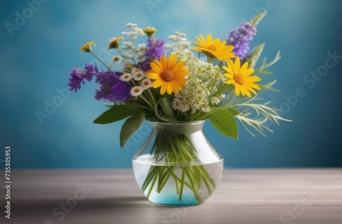 Valentine s Day  National Grandmothers Day  International Women s Day  Mother s Day  bouquet of wildflowers in a glass vase  blue background
