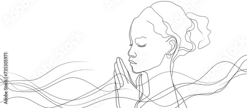 Young woman praying. Continuous line drawing. Vector illustration.