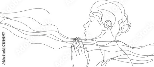 Continuous one single abstract line drawing of young woman praying with her hands together.