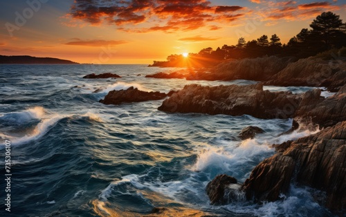 A stunning sunset casts a golden glow over the ocean as powerful waves crash against the rocky shoreline.
