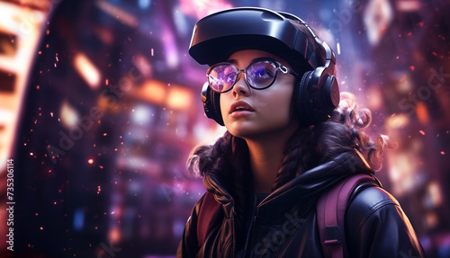 young woman in futuristic metaverse using mixed augmented reality glasses