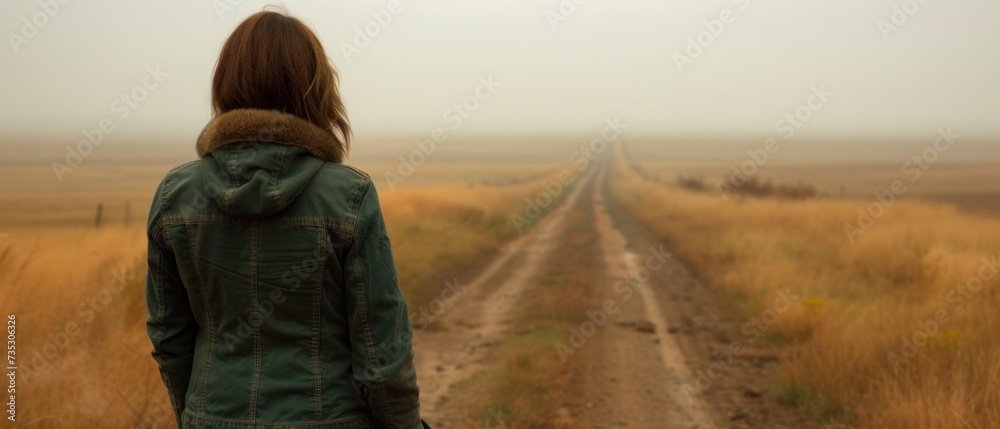 a woman standing on a dirt road in the middle of a field with a field of tall grass in the background.