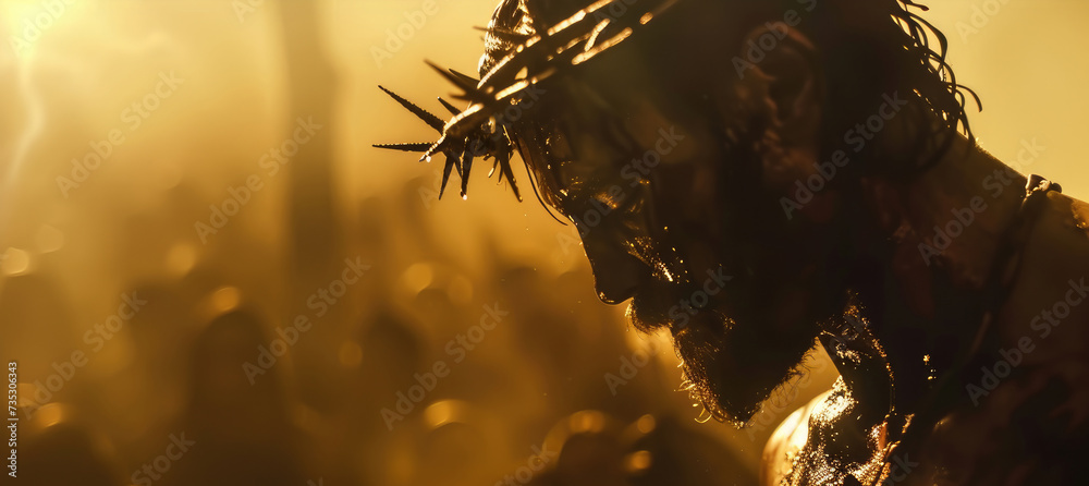 Closeup portrait of Jesus Christ with crown of thorns. - obrazy, fototapety, plakaty 