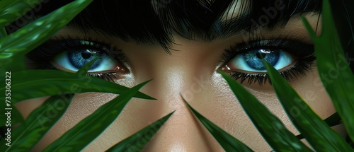 a close up of a woman's face with blue eyes and green leaves on the side of her face. photo