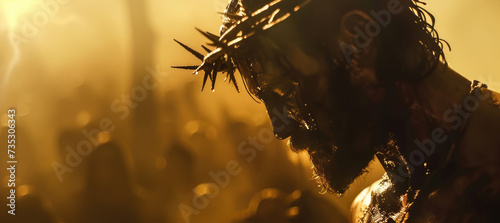 Closeup portrait of Jesus Christ with crown of thorns.