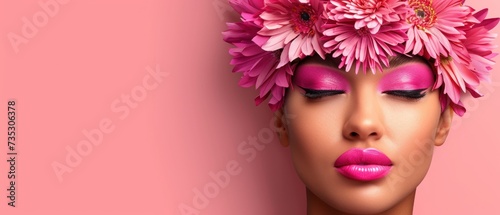 a woman s face with pink flowers on her head and pink lipstick on her lips  with a pink background.