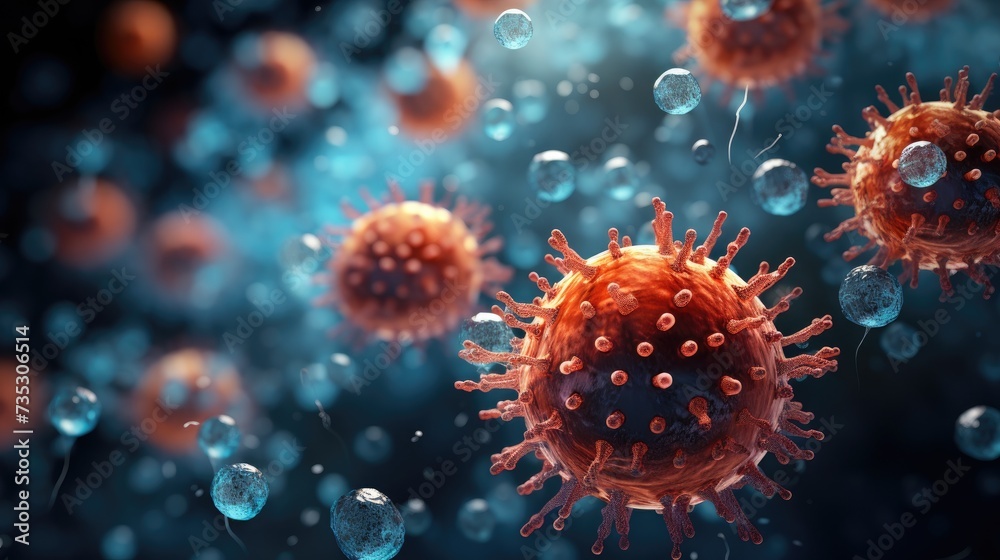 Digital illustration of virus particles in high detail, showcasing spikes on the viral envelope with a dramatic, dark background. Digital illustration of virus particles in high detail, showcasing spikes on the viral envelope with a dramatic, dark background.