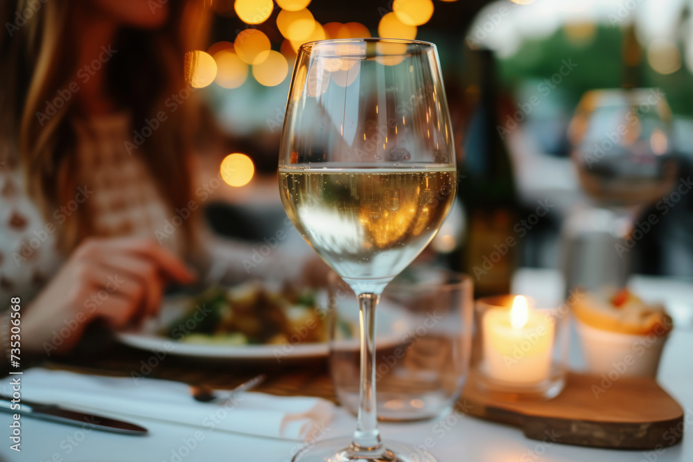 Solitary woman at restaurant table with glass of wine. Female drinking alcohol, celebrating date alone. Respectable woman is having lunch at restaurant