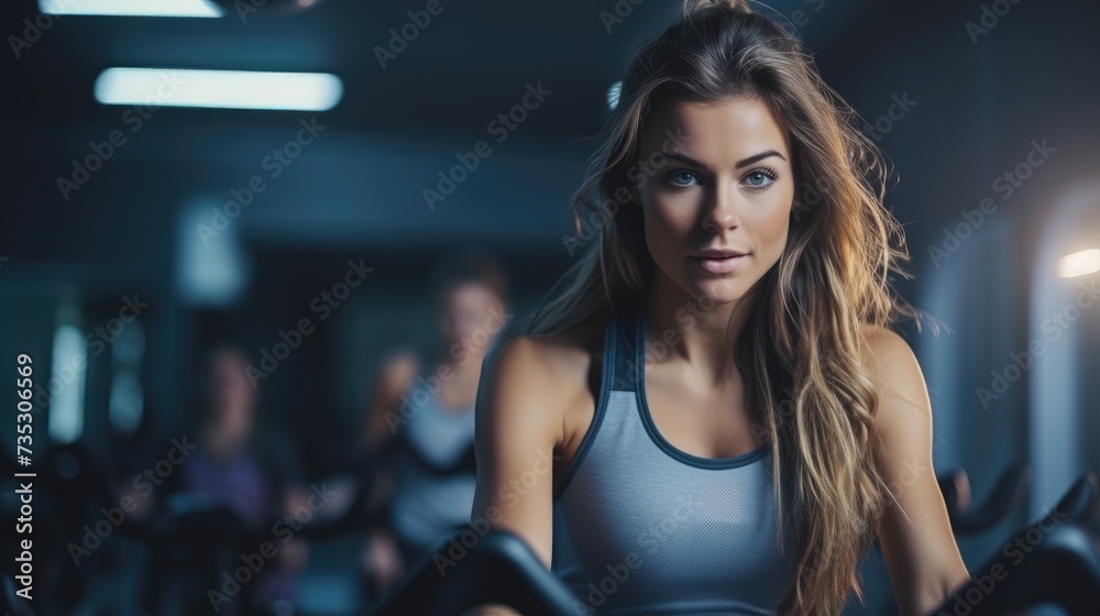 Young woman jogging on treadmill in modern gym, exercise, healthy lifestyle.