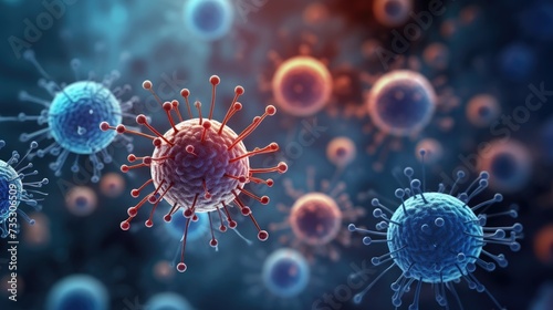 Digital illustration of virus particles in high detail, showcasing spikes on the viral envelope with a dramatic, dark background. photo