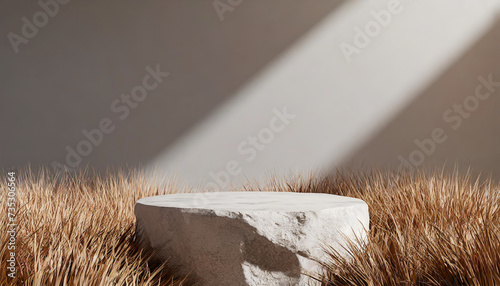 White stone podium surrounded by grass. Minimal scene podium for product presentation or advertising