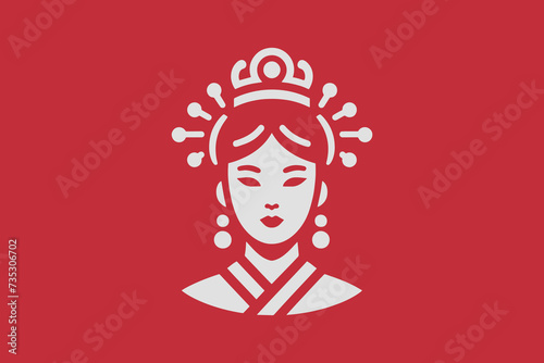  Chinese princess logo. beautiful young woman. Queen. Face, portrait. Simple illustration white on red. Icon, emblem