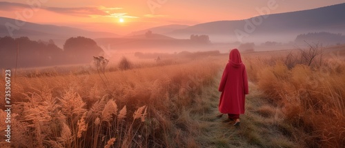a person in a red cloak walking through a field of tall grass with the sun setting in the distance behind them.