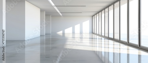 an empty white room with lots of windows and a clock on the side of the wall in the center of the room.