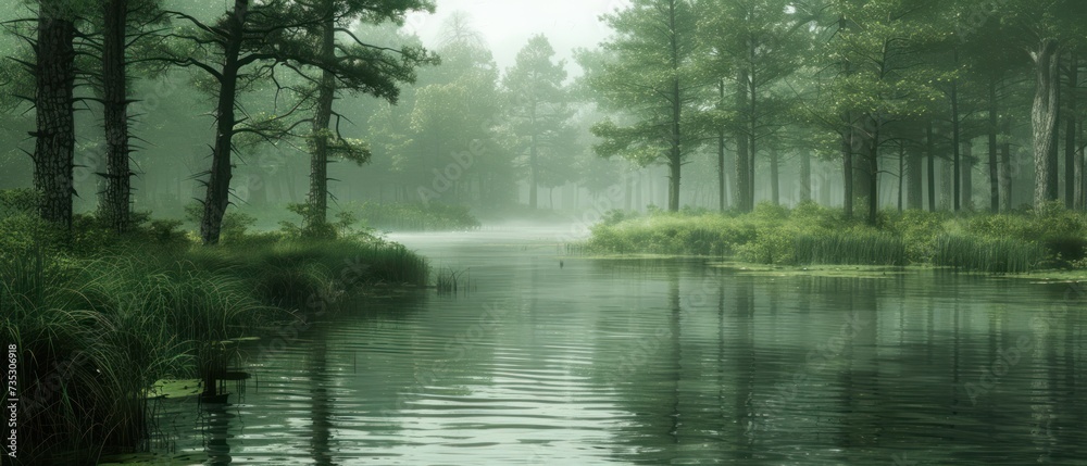a body of water surrounded by trees in the middle of a forest filled with green grass and tall pine trees. a body of water surrounded by trees in the middle of a forest filled with green grass and tall pine trees.