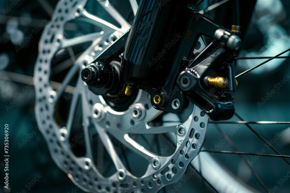Part of the bicycle's braking system. Grey metal brake disc and brake pads on road bike, close up. Part of the bicycle's braking system. Grey metal brake disc and brake pads on road bike, close up.