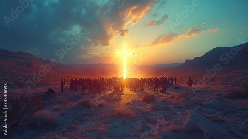 Cross of Jesus Christ in the desert. Crowd of people gathering together, praying.
