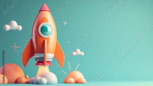 Childlike 3D Rocket Blastoff and Soaring Amidst Blue Space Background with Copy Space photo