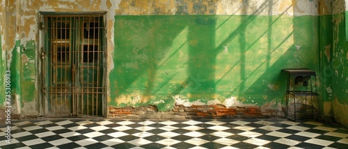 a black and white checkered floor in front of a green wall with a barred door and a black and white checkered floor. photo