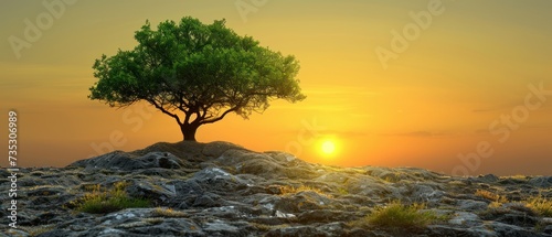 a tree sitting on top of a pile of rocks in the middle of a field with the sun setting in the background. photo