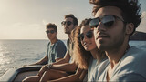 group of young people with sunglasses on a boat at sunset. created with ai
