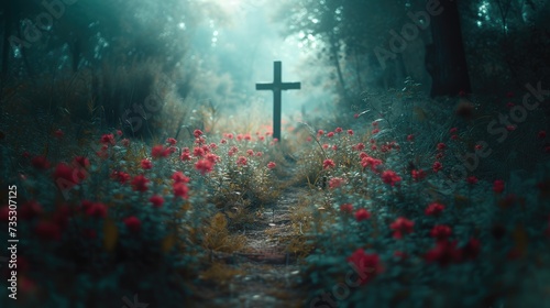 Wooden cross in the middle of the forest with red flowers.