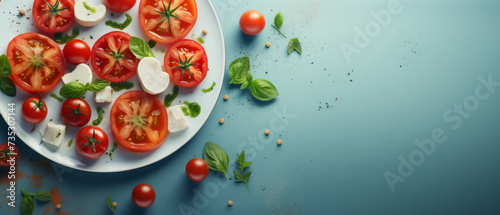 Caprese Salad with Ripe Tomatoes, Mozzarella Cheese, and Basil on a Blue Background