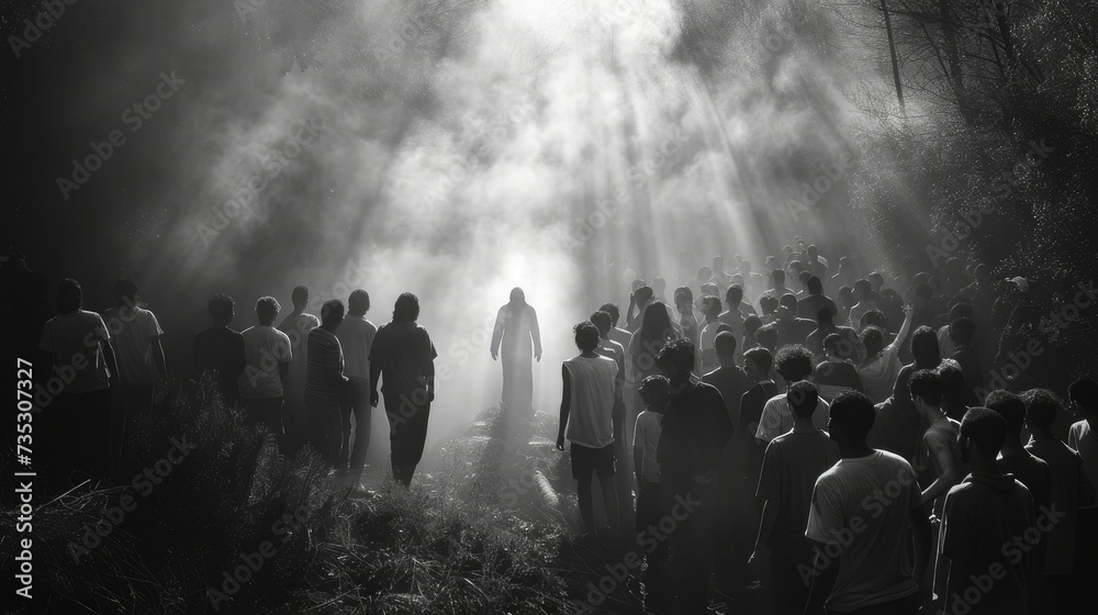 Jesus appears to his followers in the rays of light. Biblical scene in the fog. Digital painting. Black and white. - obrazy, fototapety, plakaty 