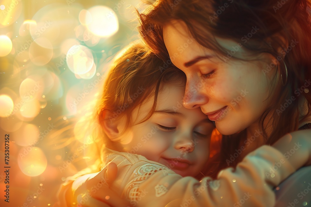 Capture a heartwarming moment in an image where a cute preschooler daughter hugs and cuddles with her smiling young mother Capture a heartwarming moment in an image where a cute preschooler daughter hugs and cuddles with her smiling young mother