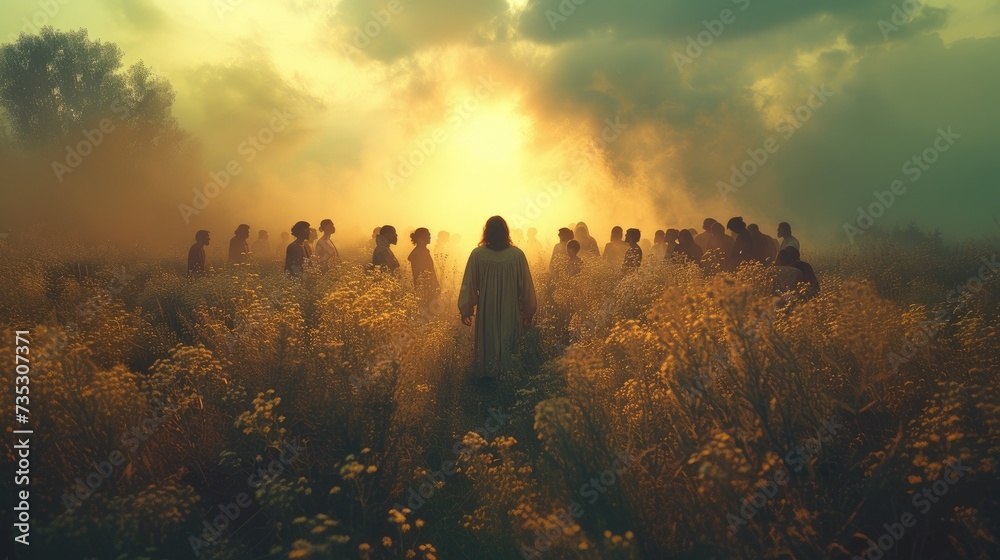 Jesus appears to his followers in the meadow. Biblical scene at sunrise. Digital painting. - obrazy, fototapety, plakaty 