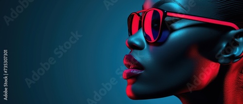 a close up of a woman with red glasses on her face and a blue background with a red light coming out of her eyes. photo