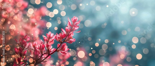 a blurry photo of a plant with pink flowers in the foreground and a blue sky in the background. photo