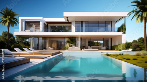 Modern mansion with swimming pool and lawn. House with flat roof and large panoramic windows. Mansion and palm trees under blue sky © Gregorii