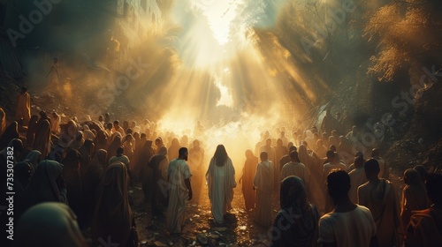 Jesus appears to his followers in the rays of light. Biblical scene at sunrise. Digital painting.