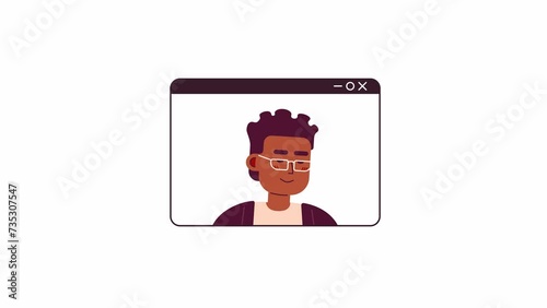 Video call african american eyeglasses man 2D character animation. Webinar screen black young male flat cartoon 4K video, transparent alpha channel. Digital entrepreneur animated person on white