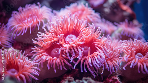 Underwater exotic plants. Marine animals living on ocean floor. Underwater fauna with pink tentacles