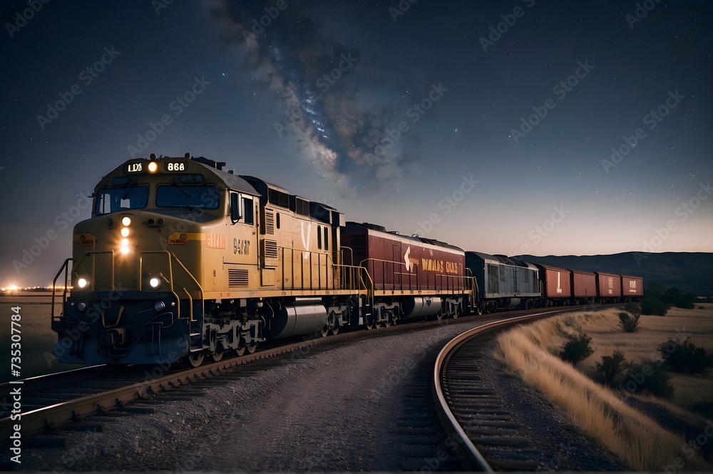 The train runs at night under the starry sky The train runs at night under the starry sky
