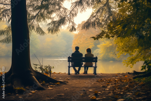 Man and woman are sitting on bench near pond. Couple on date in autumn park. Backs of people admiring picturesque pond