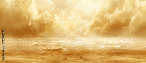 a painting of a large body of water in the middle of a desert with a lot of clouds in the sky. photo