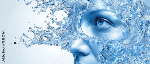 a woman's face with water splashing all over her and her face is made up of water droplets.