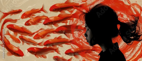 a woman standing in front of a group of goldfish in an orange and white circle with a woman's head in the center. photo