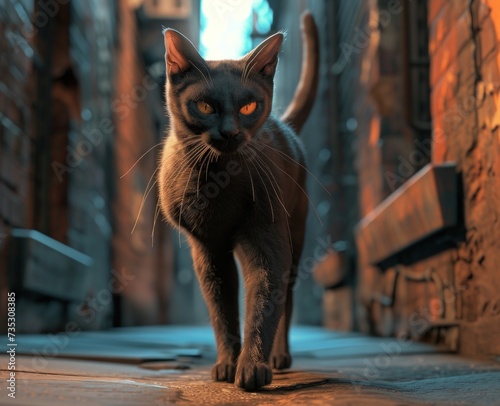 a close up of a cat walking on a street near a building with a light shining on it's face. photo