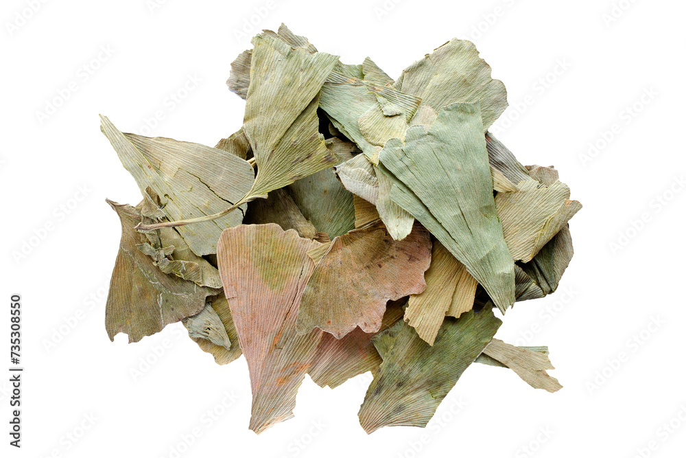 Fototapeta premium Heap of dried ginkgo biloba leaves isolated on white background, top view. Dried ginkgo biloba leaves, top view.